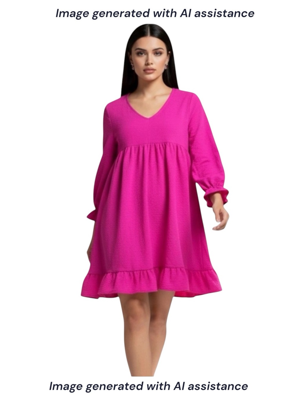 JODIFL L hot pink long sleeve v-neck babydoll ruffle hem dress with pockets